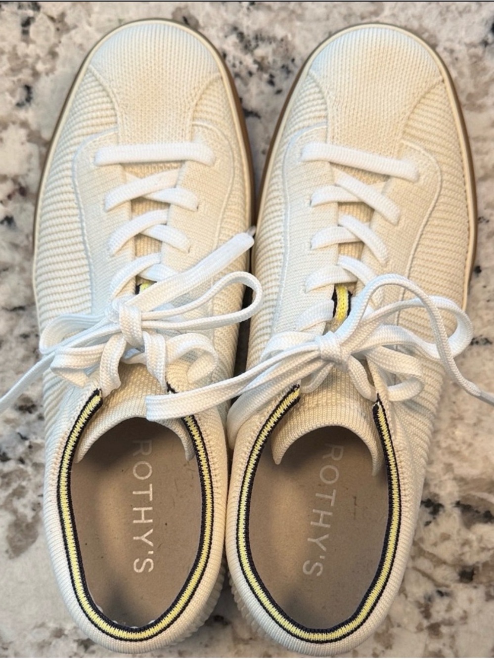 Rothys Cream Knit Lace-Up Sneakers with Yellow Trim